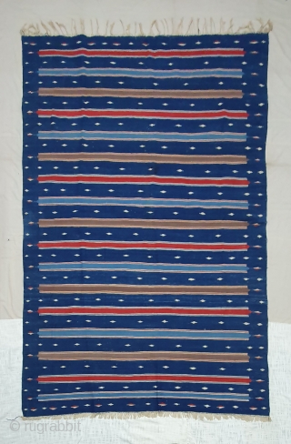 Indigo Blue,Jail Dhurrie(Cotton)Blue And Multi Colour double minaret striped Dhurrie with feathered diamond.From Bikaner, Rajasthan. India.C.1900. Its size is 165X256cm (Large size). Condition is very good(20191015_111144).
       