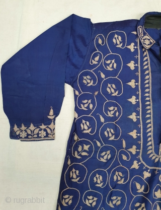 Ceremonial Chamba Costume(Kurta) With Trouser (Ejar) Set , From Himachal Pradesh, India. C.1900. Silk ground with Zari (Real Silver) embroidery. This Dress is showing Birds holding the fish with goddess holding a sword  ...