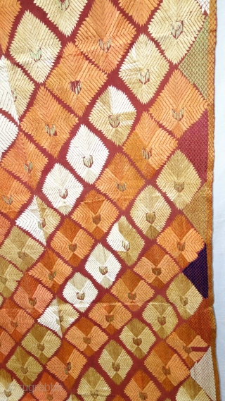 Phulkari From West(Pakistan)Punjab. India. Showing the Beautiful Floral Design With Change Colours in the Side. C.1900. Its size is 132cmX252cm.Floss silk on hand spun cotton ground cloth(DSC08495).      