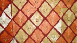 Phulkari From West(Pakistan)Punjab. India. Showing the Beautiful Floral Design With Change Colours in the Side. C.1900. Its size is 132cmX252cm.Floss silk on hand spun cotton ground cloth(DSC08495).      