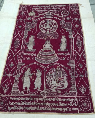 Jain Temple Hanging is from Gujarat in Northwest India.
It has been made using a form of embroidery called zardosi (Real Silver and Gold Zari ) work
A Red velvet cloth has been densely  ...