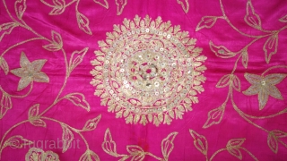 An Fine Mochi Aari Embroidery , Floral Design Chakla (Wall Hanging), Its Fine Mochi Aari  Embroidery of Gold and Silver Zari work(Real Gold Silver) on the Silk. From Gujarat, India.

C1875-1900.

Its size is 88cmX90cm(DSC09410).  