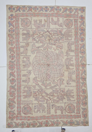 An Rare Nakshi Kantha, Fine Embroidered on the cotton, Probably from Jessore Region of East

(Bangladesh) Bengal region of India, India.

Showing the Folk Art of Bengal .

C.1875 -1900

Its size is 120cmX200cm (20241114_144842).  