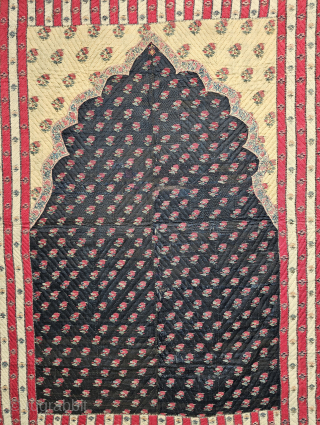 An Rare Kani Jamawar Paying Mat.
With Floral Kharash Borders in Four Side, With indigo blue Floral Jaipuri Jamawar Buties in the middle with Yellow Minaras of Jaipuri Buties Backing with Masulipatnam Kalamkari.  ...