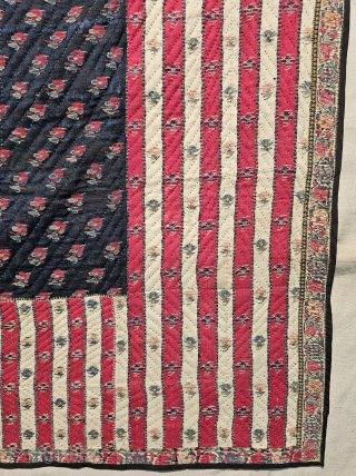 An Rare Kani Jamawar Paying Mat.
With Floral Kharash Borders in Four Side, With indigo blue Floral Jaipuri Jamawar Buties in the middle with Yellow Minaras of Jaipuri Buties Backing with Masulipatnam Kalamkari.  ...