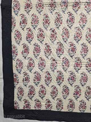 An Rare Kani Jamawar Paying Mat.
With Floral Kharash Borders in Four Side, With indigo blue Floral Jaipuri Jamawar Buties in the middle with Yellow Minaras of Jaipuri Buties Backing with Masulipatnam Kalamkari.  ...