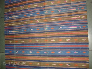 Jail Dhurrie(Cotton)Terracotta-colored striped with mahi motif. Kutch Gujarat, India.Its size is 120X210cm.C.1900. Condition is very good(DSC00523 New).                