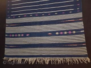 Indigo Blue,Jail Dhurrie(Cotton)Blue-White striped with mahi motif. Bikaner, Rajasthan. India.C.1900.Its size is 115X200cm.Condition is very good(120626 New).                