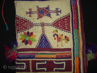 Embroidery Dowry Bag from Proper Chotila District of Saurashtra Gujarat India.Embroidery with wool on Cotton,From Rabari shepherd caste family.its size is 25cmX37cm(DSC03883 New).
          