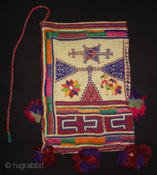 Embroidery Dowry Bag from Proper Chotila District of Saurashtra Gujarat India.Embroidery with wool on Cotton,From Rabari shepherd caste family.its size is 25cmX37cm(DSC03883 New).
          