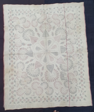 Kantha Finest Quilted and embroidered cotton Kantha Probably From Faridpur District,East Bengal(Bangladesh)region. India.C.1900.Its size is 118cmX145cm. Showing the folk art of bengal. Very fine quality quilted and embroidery(20191118_161638).
     