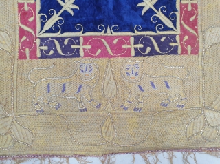 Zardozi Kalabattu Embroidery (Real Zari) Work Velvet Bichona, with real zari frills Known as Takhatposh, With Machester Print Backing, From the Royal Nawab Family of Uttar Pradesh. India. C.1900.Its size is 72cmX112cm  ...