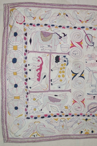 An Rare Storytelling  Folk Embroidery Kantha, Fine  embroidered cotton Kantha Probably from Bengal region of India, India. 

c.1850 -1875

Its size is 102cmX184cm(DSC09447).         