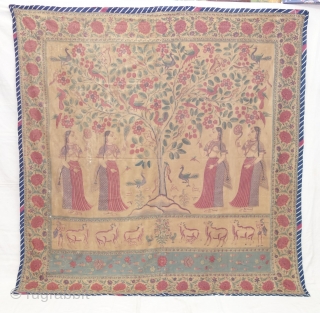 An Roller Print Pichwai depicting the Lord in the form of a tree with abundance and life. It's flanked by Gopis on both sides venerating the divine and the lower register shows  ...