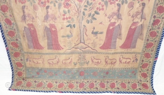 An Roller Print Pichwai depicting the Lord in the form of a tree with abundance and life. It's flanked by Gopis on both sides venerating the divine and the lower register shows  ...