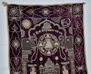 A Rare Jain Temple Hanging, From Gujarat in Northwest India. India
Its size is 80cmX138cm.
Weight is 1 Kgs 480 Gm

C.1900.- 1945.

This form of embroidery is called zardosi work. A Maroon  velvet cloth has been densely  ...