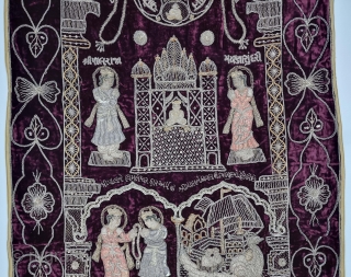 A Rare Jain Temple Hanging, From Gujarat in Northwest India. India
Its size is 80cmX138cm.
Weight is 1 Kgs 480 Gm

C.1900.- 1945.

This form of embroidery is called zardosi work. A Maroon  velvet cloth has been densely  ...
