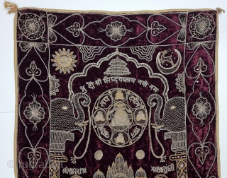 A Rare Jain Temple Hanging, From Gujarat in Northwest India. India
Its size is 80cmX138cm.
Weight is 1 Kgs 480 Gm

C.1900.- 1945.

This form of embroidery is called zardosi work. A Maroon  velvet cloth has been densely  ...