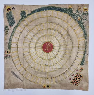 Jain cosmological map Mandala As a Plan of Jambudvipa or Adhidvipa Pata, Gujarat, Western India, 
Made On the Cotton .

Mid-19th Century. 

Its Size is 93cm x 94cm.

Jambudvipa or Adhidvipa Pata, is the  ...