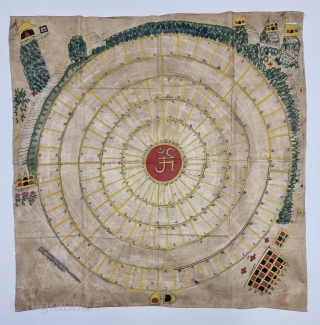 Jain cosmological map Mandala As a Plan of Jambudvipa or Adhidvipa Pata, Gujarat, Western India, 
Made On the Cotton .

Mid-19th Century. 

Its Size is 93cm x 94cm.

Jambudvipa or Adhidvipa Pata, is the  ...