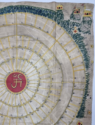 Jain cosmological map Mandala As a Plan of Jambudvipa or Adhidvipa Pata, Gujarat, Western India, 
Made On the Cotton .

Mid-19th Century. 

Its Size is 93cm x 94cm.

Jambudvipa or Adhidvipa Pata, is the  ...