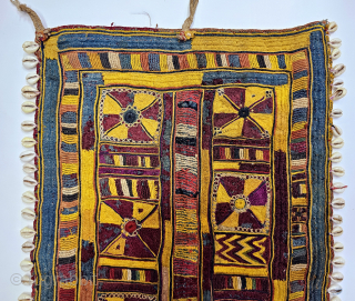 Rare Indigo Blue , Ceremonial Banjara Gala From Karnataka, South India. India.

Embroidered on cotton. Gala is traditionally used by women to carry pots on their heads.

C.1875 -1900

Its size is 29cmX37cm (20241118_165218).  