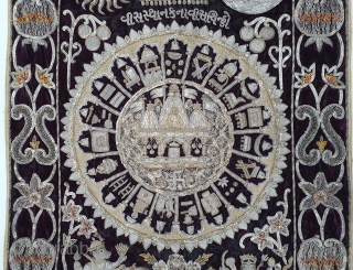 Jain Temple Hanging, Patan Gujarat, India. C.1900. Silver and gold gilt embroidery Cotton-Velvet. Its size is 77cmX123cm.   
This a holy piece, showing the Sun and Moon with twenty different marks  ...