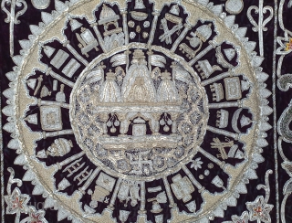 Jain Temple Hanging, Patan Gujarat, India. C.1900. Silver and gold gilt embroidery Cotton-Velvet. Its size is 77cmX123cm.   
This a holy piece, showing the Sun and Moon with twenty different marks  ...