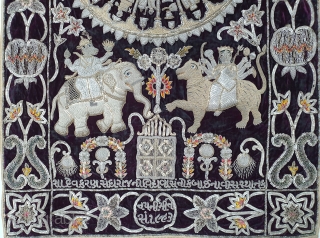 Jain Temple Hanging, Patan Gujarat, India. C.1900. Silver and gold gilt embroidery Cotton-Velvet. Its size is 77cmX123cm.   
This a holy piece, showing the Sun and Moon with twenty different marks  ...