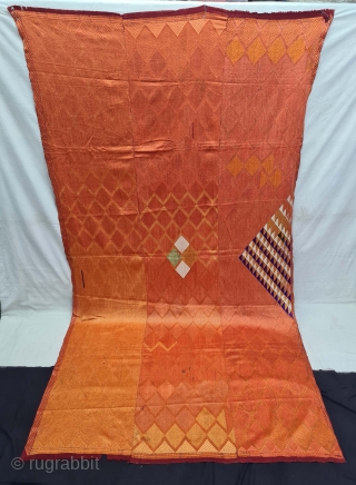 Vari-Da-Bagh , Phulkari From West(Pakistan) Punjab. India. India. untwisted Floss silk on hand spun Brown cotton ground cloth. 
With Ghunghat Design And Nazar-Buti.

Early 19th Century. 

Its size is 140cmX260cm(20210928_163502).    