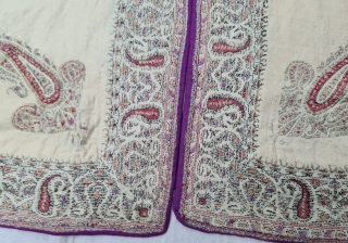 An Rare Kashmir Bunara Kani Work Choga (Coat) Borders with Keri butis, From Kashmir, India. India. There are imitation pockets in the front and similar motifs on the sleeves, The back and  ...