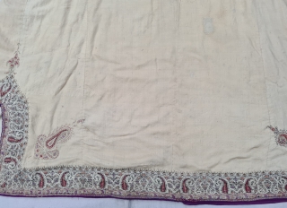 An Rare Kashmir Bunara Kani Work Choga (Coat) Borders with Keri butis, From Kashmir, India. India. There are imitation pockets in the front and similar motifs on the sleeves, The back and  ...