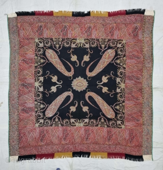 Kashmir Kalamkar Square Shawl (Rumal) on the Kani Weave, Showing the more than twelve different variations of color combination , Its From Kashmir, India. India. 

C.1850-1875. 

Its Size is 162cmX165cm (20221030_170011).  