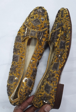 Pair of slippers for Women’s A Zardozi embroidery on the cotton Velvet. From Lucknow Uttar Pradesh India.C.1900 (20191204_154426).               