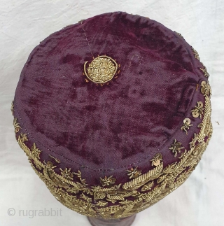 Parsi Topi (Hat) Zardozi Embroidered on cotton velvet, With Real Silver Thread with Gold Polish,From Surat, Gujarat, India. India.Late19th Century.
             