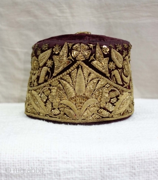 Parsi Topi (Hat) Zardozi Embroidered on cotton velvet, With Real Silver Thread with Gold Polish,From Surat, Gujarat, India. India.Late19th Century.
             