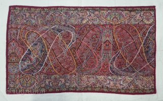 An Unique And Rare Kalamkar Kani Jamawar Fragment Showing the Ten different variations of color combination From Kashmir, India. India.

C.1835-1850

Its size is 32cmX54cm (20230925_154310).         