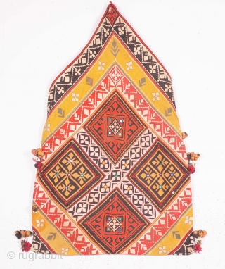 Dowry Bag (cotton) from Sindh Region of undivided India. India.
Applique cut-outs with mirrors and the tassels .

From Sodha Group of Tharparkar Region of Sindh.

C.1870-1900

Its size is 56cmX88cm(IMG_5151).      