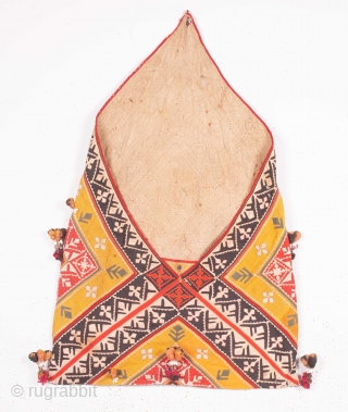 Dowry Bag (cotton) from Sindh Region of undivided India. India.
Applique cut-outs with mirrors and the tassels .

From Sodha Group of Tharparkar Region of Sindh.

C.1870-1900

Its size is 56cmX88cm(IMG_5151).      