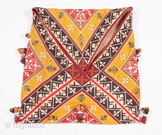 Dowry Bag (cotton) from Sindh Region of undivided India. India.
Applique cut-outs with mirrors and the tassels .

From Sodha Group of Tharparkar Region of Sindh.

C.1870-1900

Its size is 56cmX88cm(IMG_5151).      