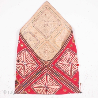Dowry Bag (cotton) from Sindh Region of undivided India. India.
Applique cut-outs with mirrors and the tassels .

From Sodha Group of Tharparkar Region of Sindh.

C.1870-1900

Its size is 50cmX75cm (Image 03-16 )   