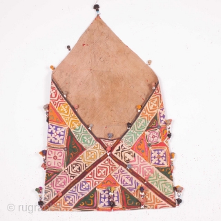 Dowry Bag (cotton) from Sindh Region of undivided India. India.
Applique cut-outs with mirrors and the tassels .

From Sodha Group of Tharparkar Region of Sindh.

C.1870-1900

Its size is 57cmX88cm (Image 2019-03-16 a ).  