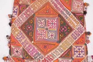 Dowry Bag (cotton) from Sindh Region of undivided India. India.
Applique cut-outs with mirrors and the tassels .

From Sodha Group of Tharparkar Region of Sindh.

C.1870-1900

Its size is 57cmX88cm (Image 2019-03-16 a ).  