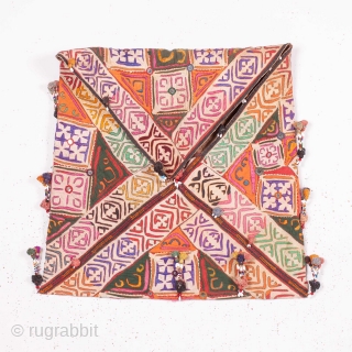 Dowry Bag (cotton) from Sindh Region of undivided India. India.
Applique cut-outs with mirrors and the tassels .

From Sodha Group of Tharparkar Region of Sindh.

C.1870-1900

Its size is 57cmX88cm (Image 2019-03-16 a ).  