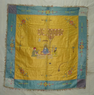 Guru Nanak Rumal Embroidery on Gajji-silk, Figures are showing of Guru Nanak and companions Bhai Mardana and Balla, Its used to cover Guru Granth Sahib.From Punjab India. C.1900.Its size is 104cmX108cm(DSC03652 New). 