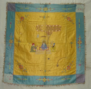 Guru Nanak Rumal Embroidery on Gajji-silk, Figures are showing of Guru Nanak and companions Bhai Mardana and Balla, Its used to cover Guru Granth Sahib.From Punjab India. C.1900.Its size is 104cmX108cm(DSC03652 New). 