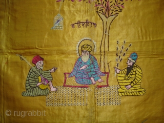 Guru Nanak Rumal Embroidery on Gajji-silk, Figures are showing of Guru Nanak and companions Bhai Mardana and Balla, Its used to cover Guru Granth Sahib.From Punjab India. C.1900.Its size is 104cmX108cm(DSC03652 New). 