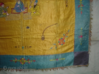 Guru Nanak Rumal Embroidery on Gajji-silk, Figures are showing of Guru Nanak and companions Bhai Mardana and Balla, Its used to cover Guru Granth Sahib.From Punjab India. C.1900.Its size is 104cmX108cm(DSC03652 New). 