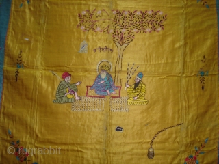 Guru Nanak Rumal Embroidery on Gajji-silk, Figures are showing of Guru Nanak and companions Bhai Mardana and Balla, Its used to cover Guru Granth Sahib.From Punjab India. C.1900.Its size is 104cmX108cm(DSC03652 New). 