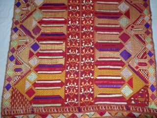 Phulkari From East(Punjab) India.Known as Darshan Dwar. Handspun cotton plain weave (khaddar) with silk and cotton embroidery,Showing the Folk Culture and Art of Punjab. Its size is 128cmX235cm(DSC03991 New).    